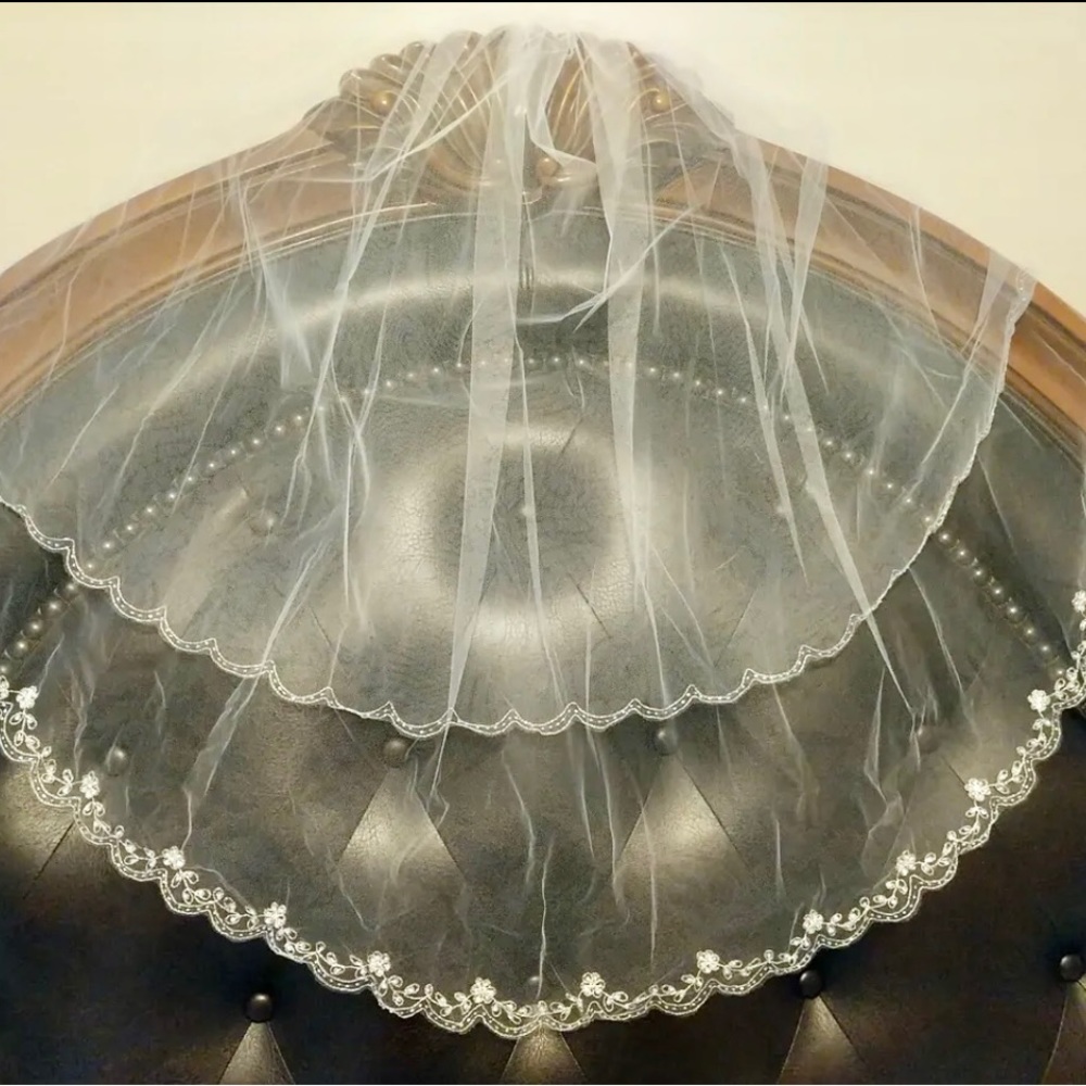NWT David’s Bridal white two layer veil with beaded detail.